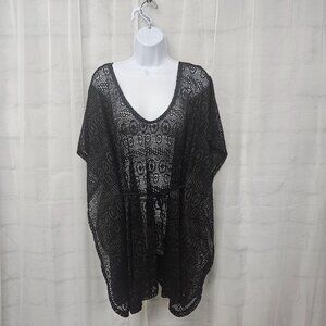 A.N.A. Blouse Cover Crochet Lace Black Boho Swim Beach Sheer 1X